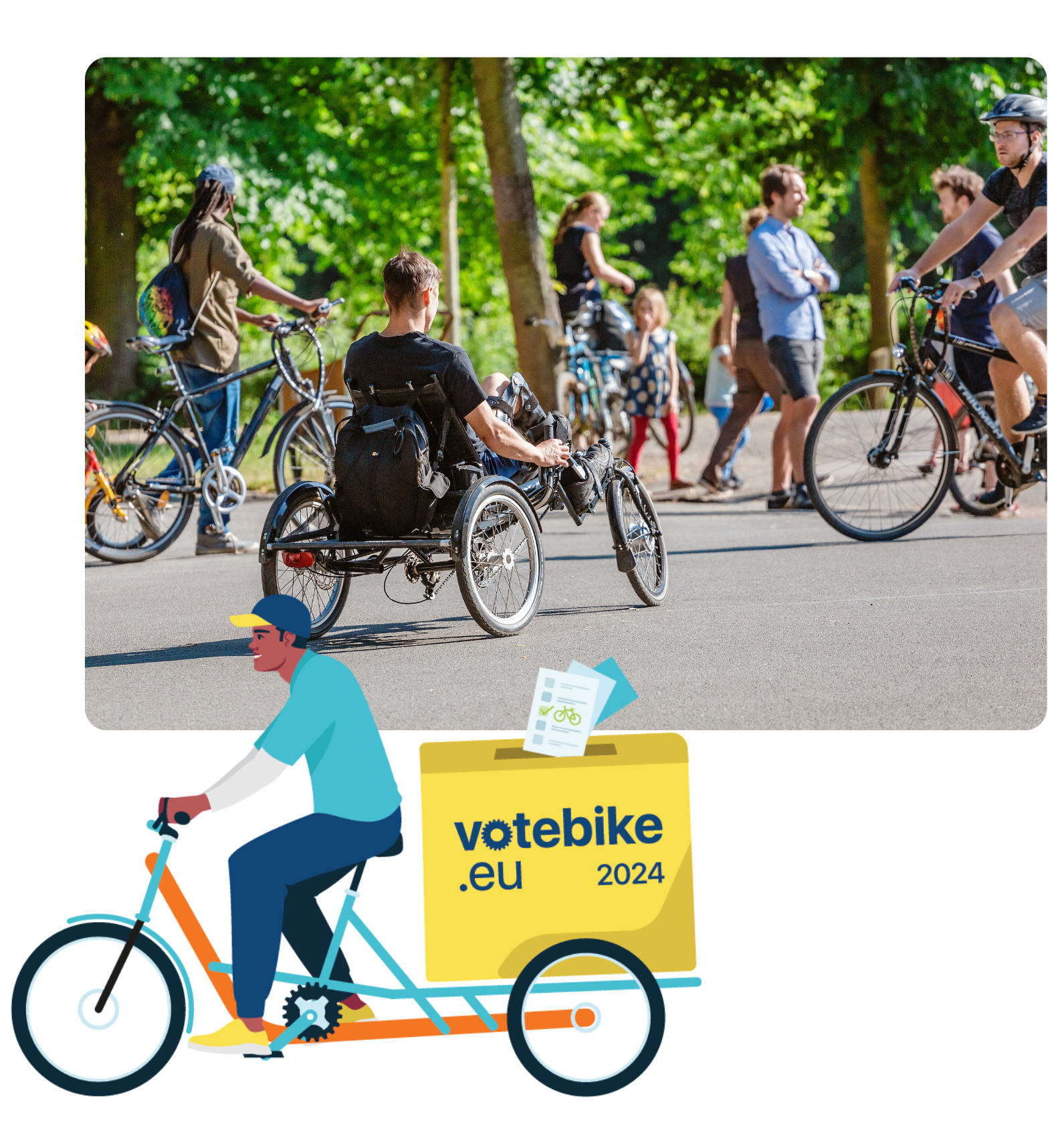 photo of diverse group of cyclists and an illustration of a man on a cargo bike